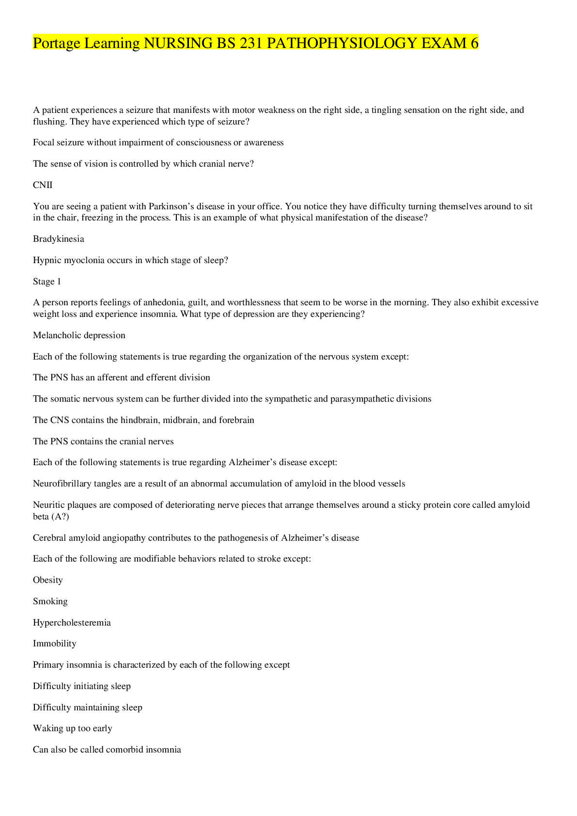 Preview image for Nursing BS 231 Pathophysiology Exam 6 - Portage Learning (100% Correct Answers)| Verified